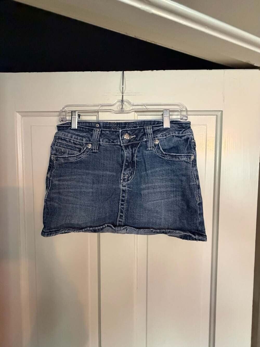 Miss Me Y2K Embroidered Crystal Cross Denim Mini Skirt Size 29